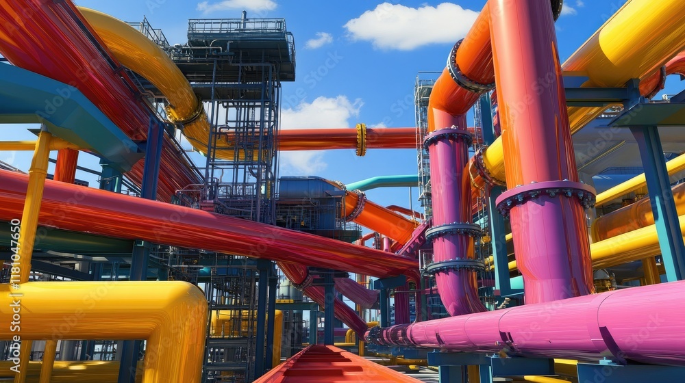Poster a colorful industrial pipeline system with intricate technical components in a futuristic landscape 