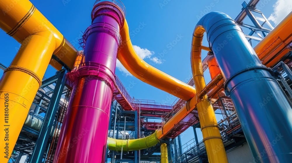 Poster a colorful industrial pipeline system with intricate technical components in a futuristic landscape 
