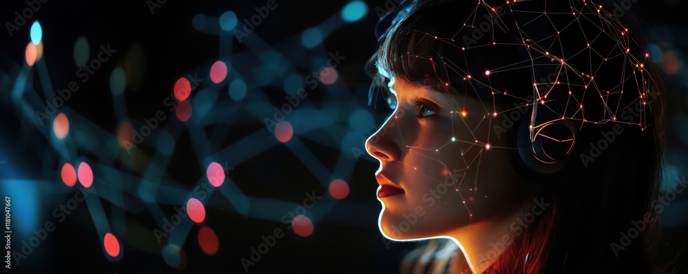 Poster digital connectivity and neural networks visualized through a young woman with headphones, illuminat