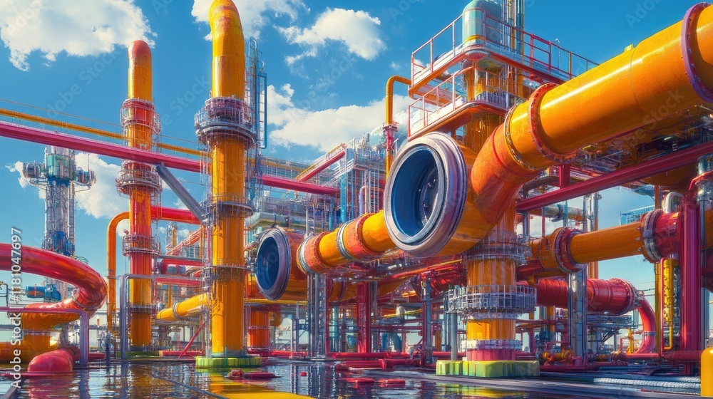 Poster a colorful industrial pipeline system with intricate technical components in a futuristic landscape 