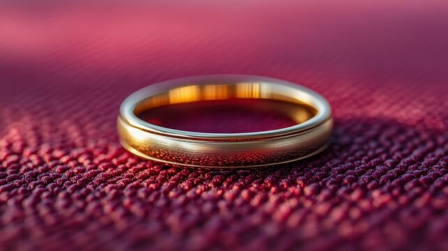 Close-up of a gold wedding band on a red textured surface.