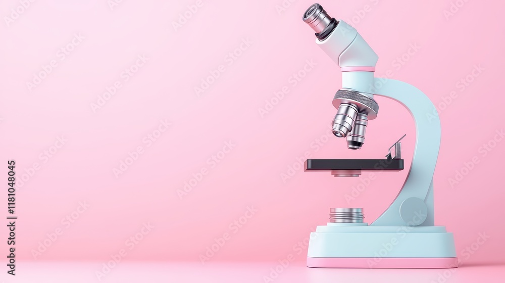 Poster modern lab microscope on soft pink background in clean workspace