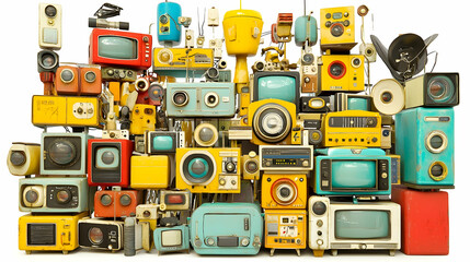 Colorful vintage electronics collage on white background.