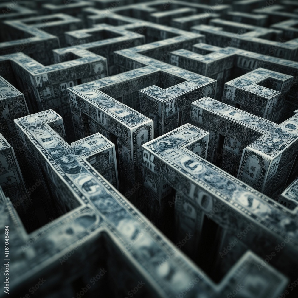 Poster a maze constructed from stacked dollar bills, symbolizing financial complexity and the challenges of