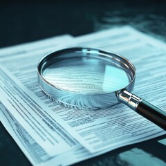 A magnifying glass rests on documents, enhancing text visibility and emphasizing details for analysis or examination purposes.