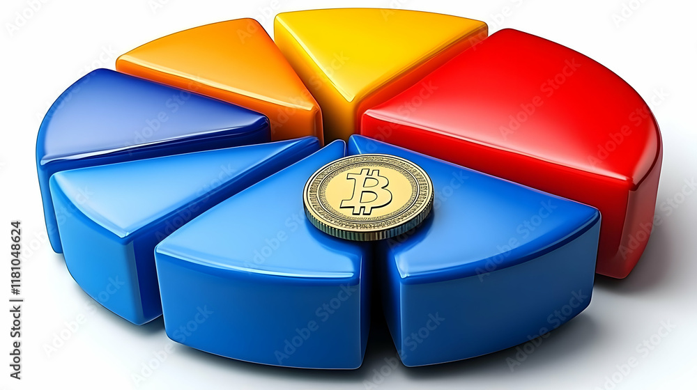 Poster 3d pie chart shows digital currency coin placement with colorful segments