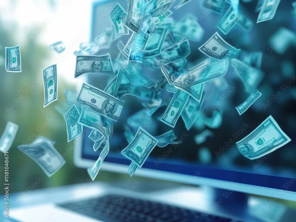 Poster a digital representation of money flowing from a computer screen, symbolizing online finance and wea
