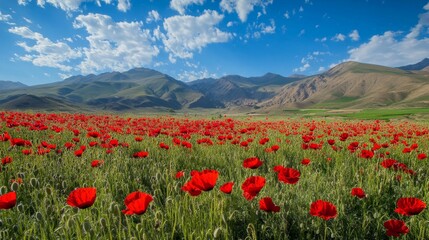Fototapeta premium Red Poppy Field Against Majestic Mountains