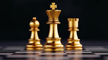 Golden Chess Pieces on Board with Black Background for Strategy Themes