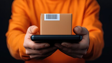 Smartphone and Package with Barcode in Hands of User in Orange Sweater