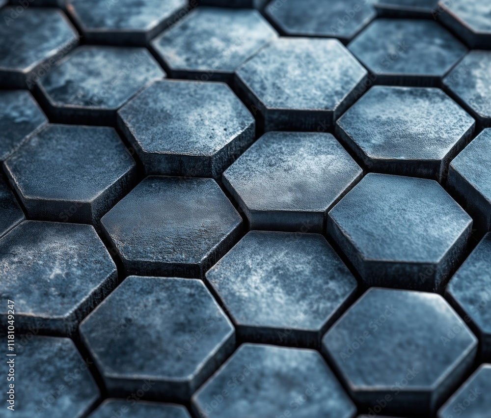 Poster hexagonal tile pattern with textured surface, showcasing intricate details and varying shades of blu