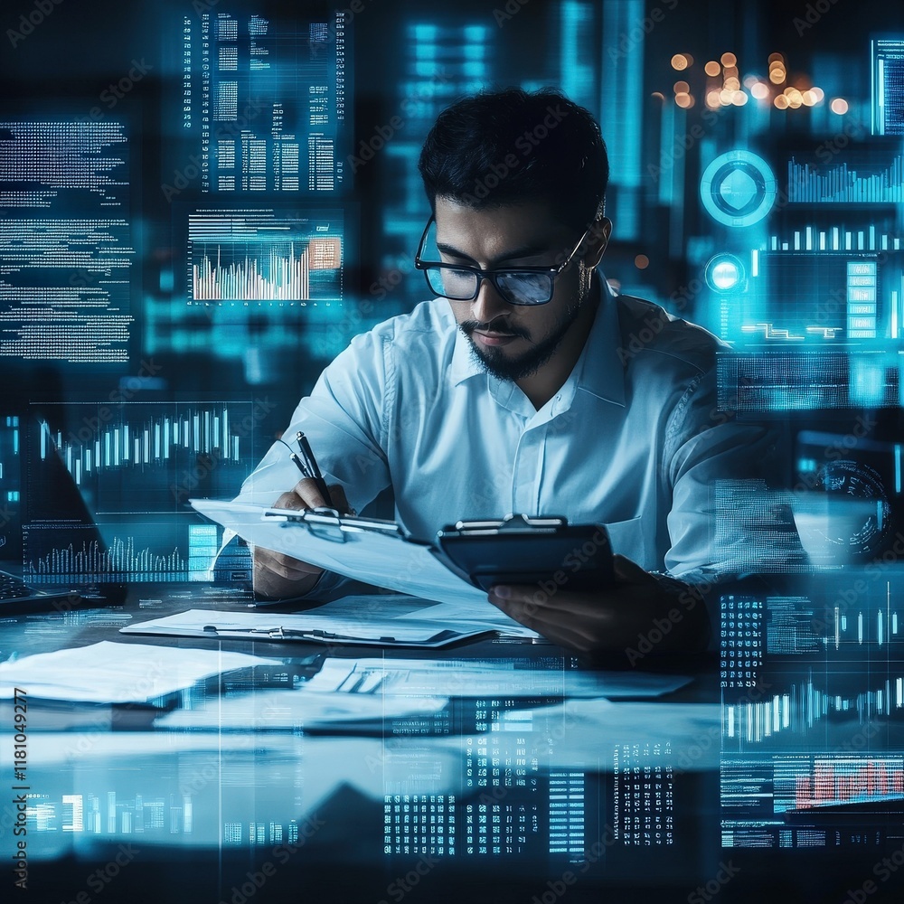 Poster accountant analyzing financial data in high-tech workspace modern office digital environment focused