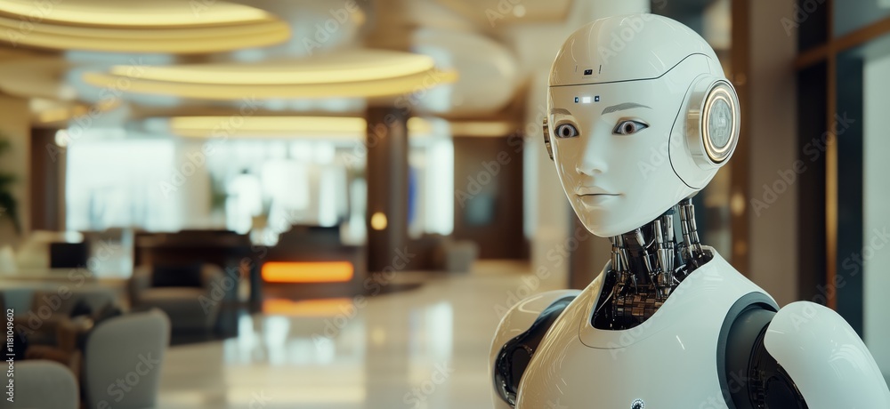 Poster humanoid robot in modern lobby showcasing advanced technology and design, blending artificial intell