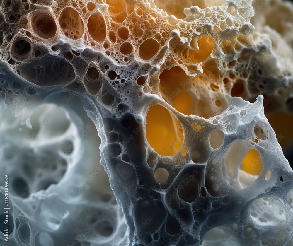 Poster abstract organic structure with intricate textures and bubbles, showcasing a blend of colors and lig