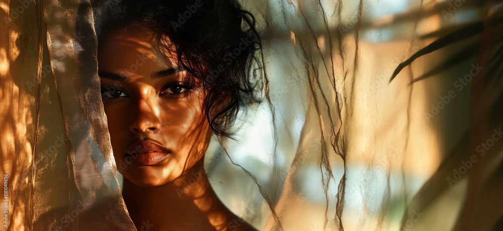 Poster portrait of woman with natural light filtering through sheer fabric, highlighting facial features an