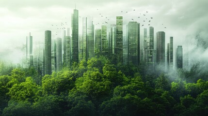 A creative visualization of a green forest gradually transforming into a modern cityscape
