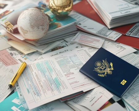 Global tax forms and multinational paperwork overview office setting document collection organized environment close-up view business essentials
