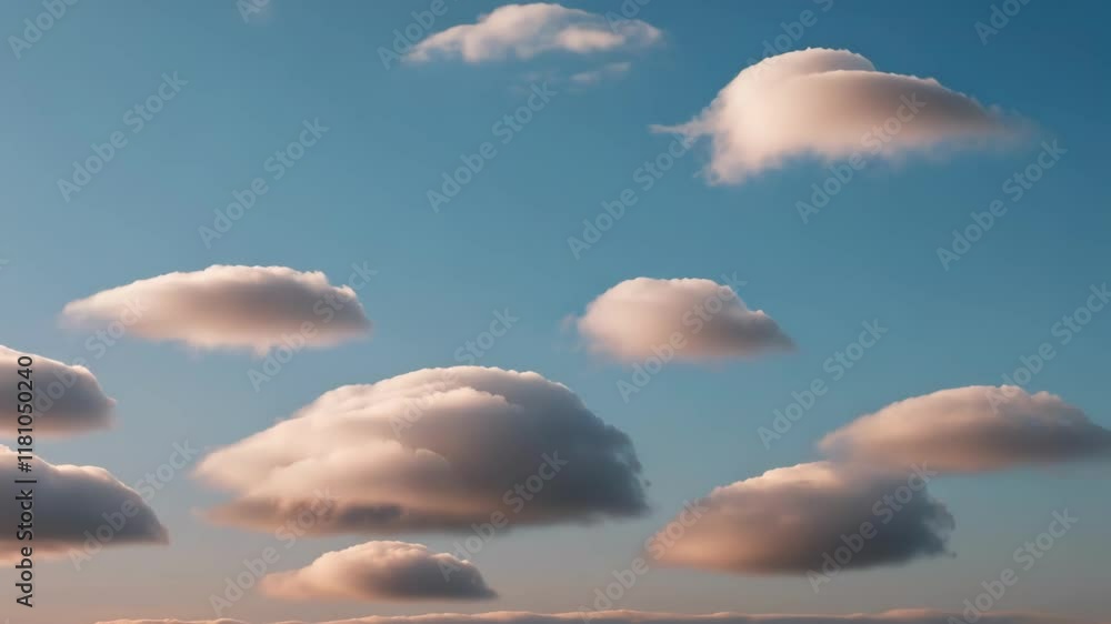 Poster clouds float above a serene sky, creating a tranquil and dreamy atmosphere with vibrant hues and sof