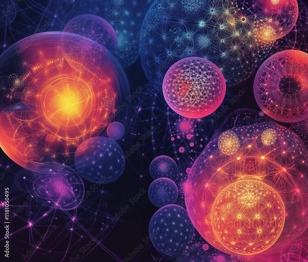 Poster abstract cosmic spheres and luminous patterns in vibrant colors, showcasing intricate designs and gl