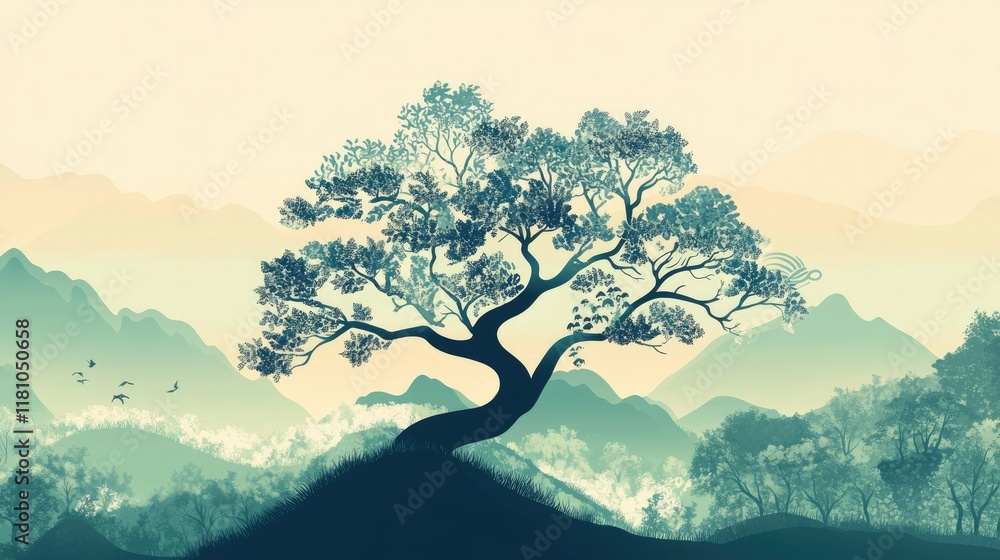 Poster a digital tree illustration with branches extending into different habitats, symbolizing balance