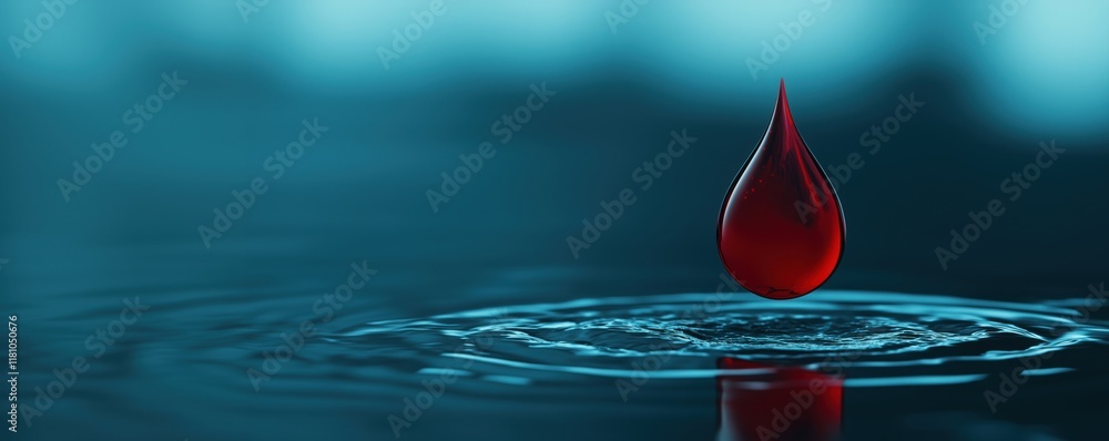 Poster red droplet suspended above water surface creating ripples, showcasing vivid color contrast and flui