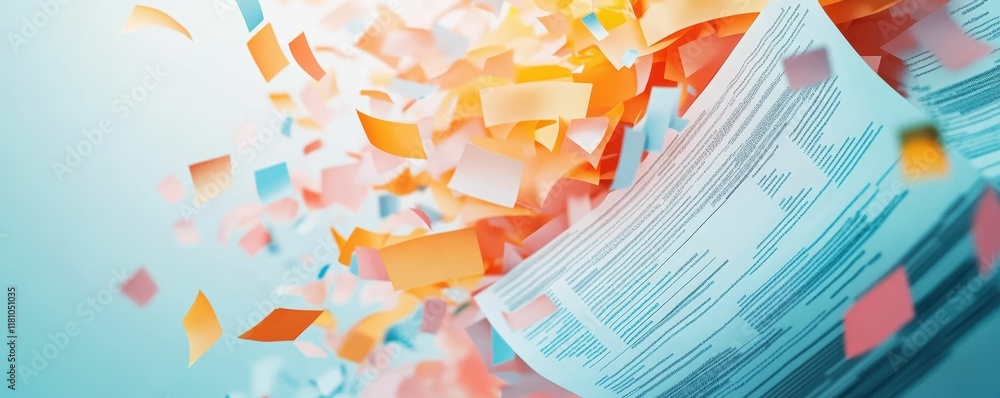 Poster dynamic infographic of tax forms and documents exploding in colorful confetti office environment gra