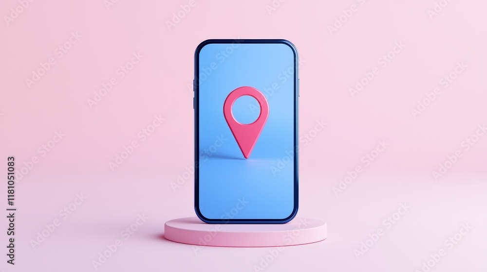 Poster smartphone with location marker icon on pink background display