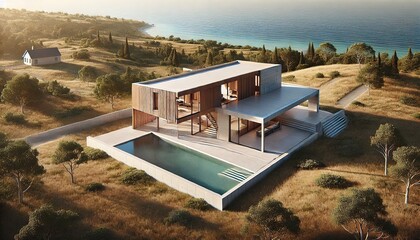 Fototapeta premium Modern minimalist house featuring a large pool, open design, and panoramic countryside views