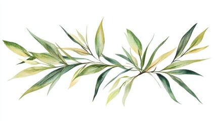Watercolor Leaf Branches with Green and Yellow Tones on White Background