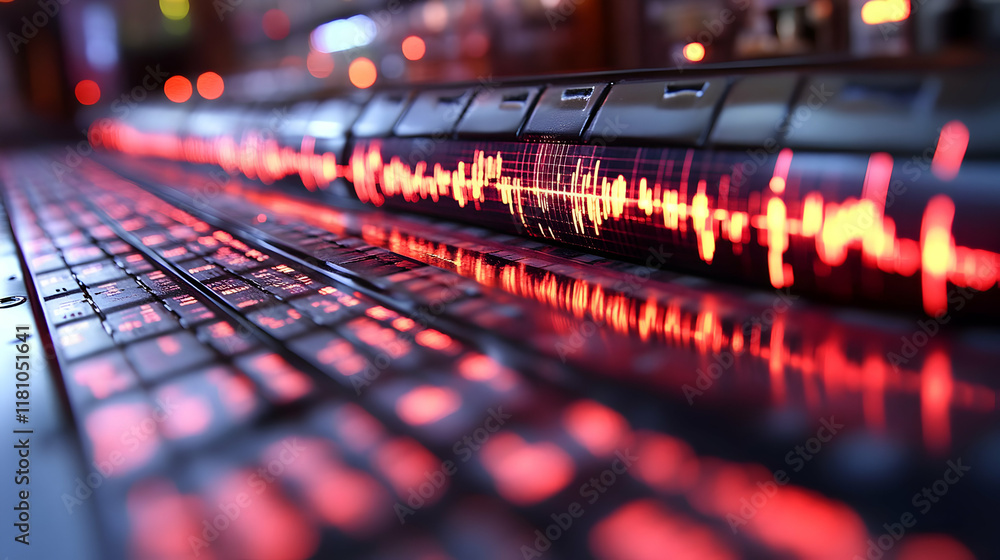 Poster electronic device displays red glowing lines on a screen with blurred background lights.