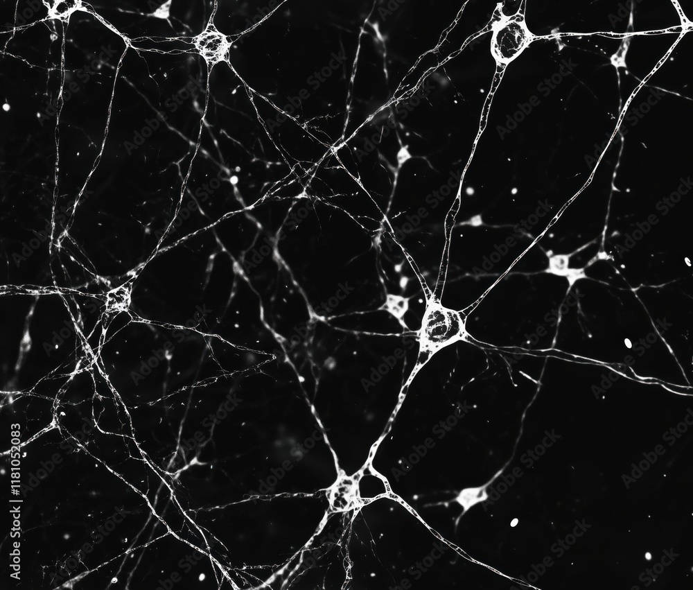 Poster neural network structure visualization, abstract black and white image of neurons and synapses, intr