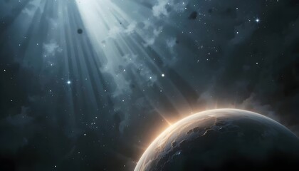 Fototapeta premium A Glowing Planet In The Bottom Corner Casts Ethereal Beams Of Light Across The Canvas, Creating Dramatic Highlights Copy Space Image