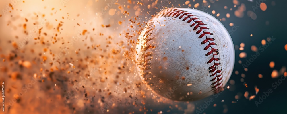 Poster baseball in motion with dust and particles flying, capturing dynamic action and energy, copy space f