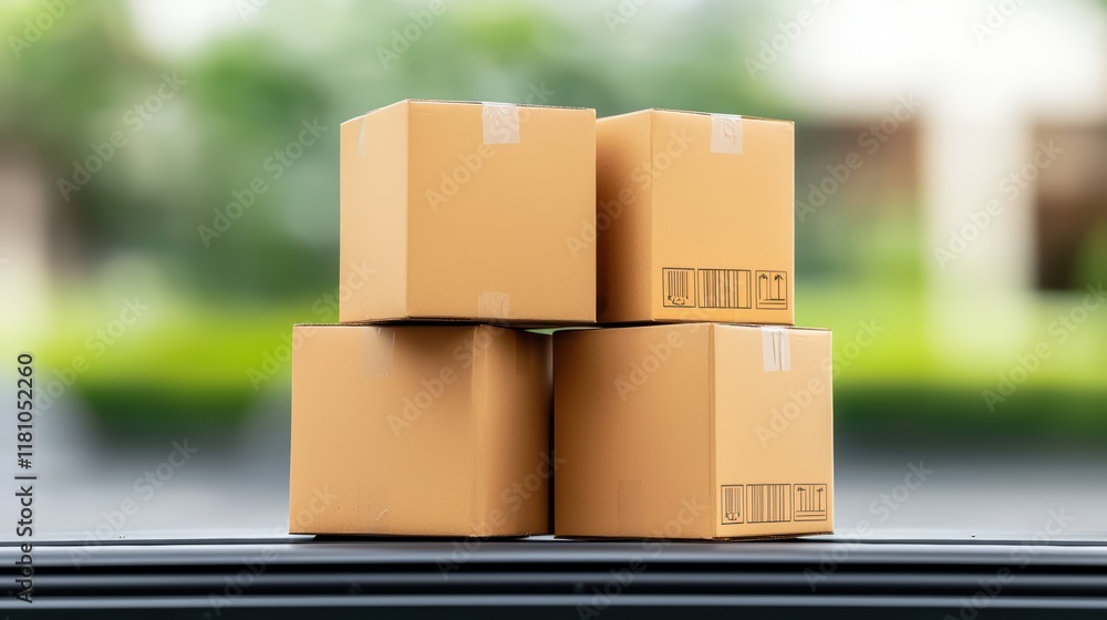 Poster stack of brown cardboard boxes on a surface with blurred background
