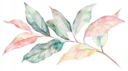 Watercolor Illustration of Colorful Leaves on White Background