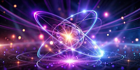 Obraz premium Glowing Atomic Structure, Deep Space Nebula, Purple Light Trails, Ambient Lighting, Product Photography