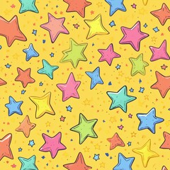 Colorful star pattern on yellow background featuring various star shapes in pink, blue, green, and orange hues, copy space for text