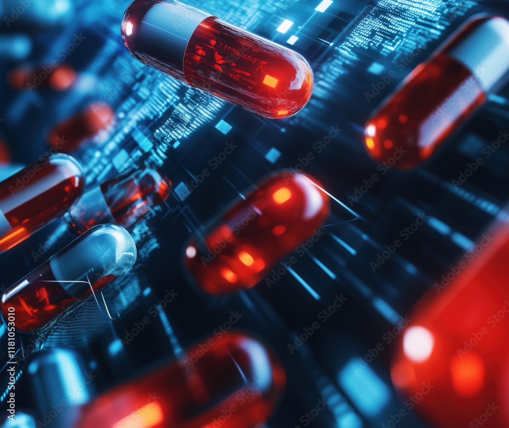 Poster digital representation of red capsules floating in a futuristic data environment, symbolizing pharma