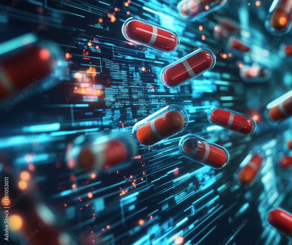 Poster digital representation of floating red capsules amidst a futuristic data stream, symbolizing pharmac
