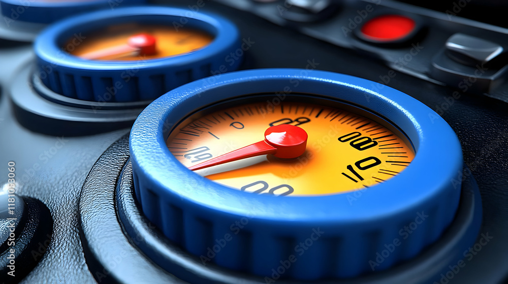 Poster close-up of blue and orange gauges and controls on a panel accurately displaying readings precisely.