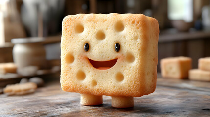 A Smiling Square Cracker Character Stands on a Wooden Table in a Kitchen Setting