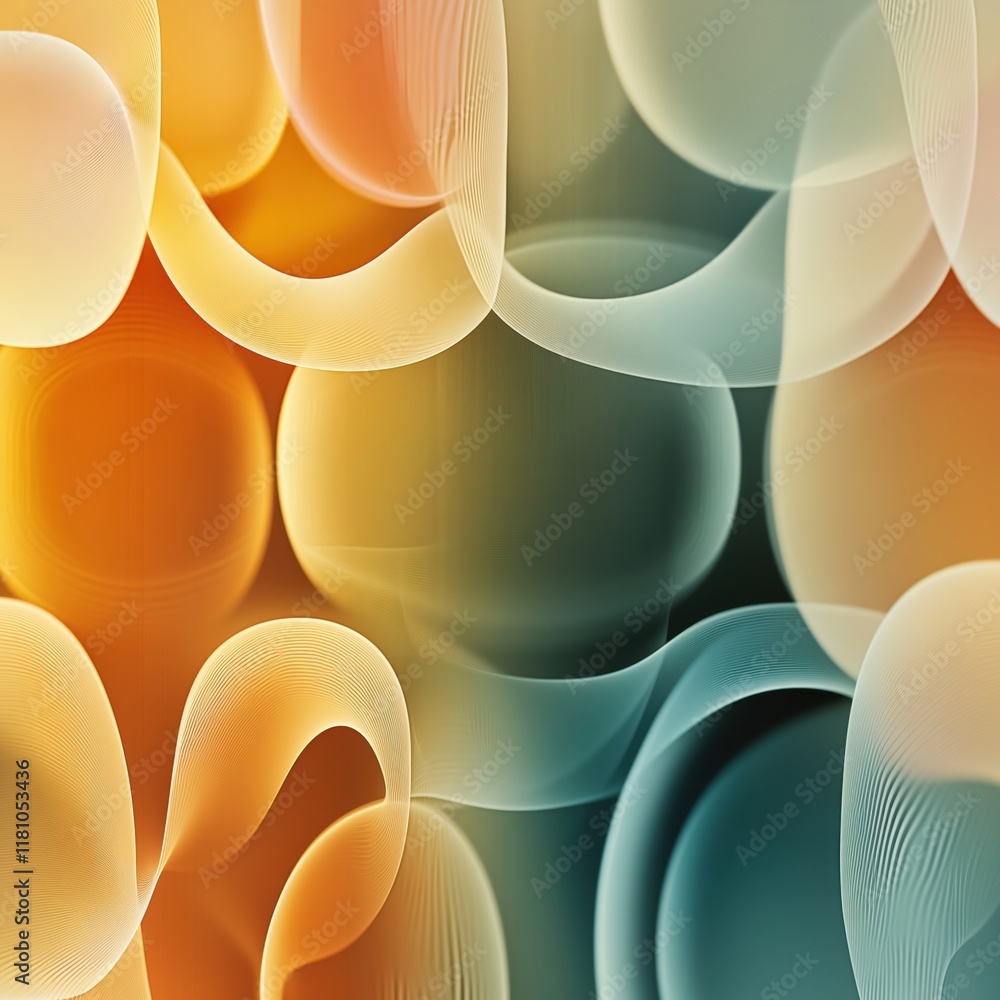 Poster abstract fluid shapes and colors blending in harmonious patterns, featuring orange, teal, and soft g