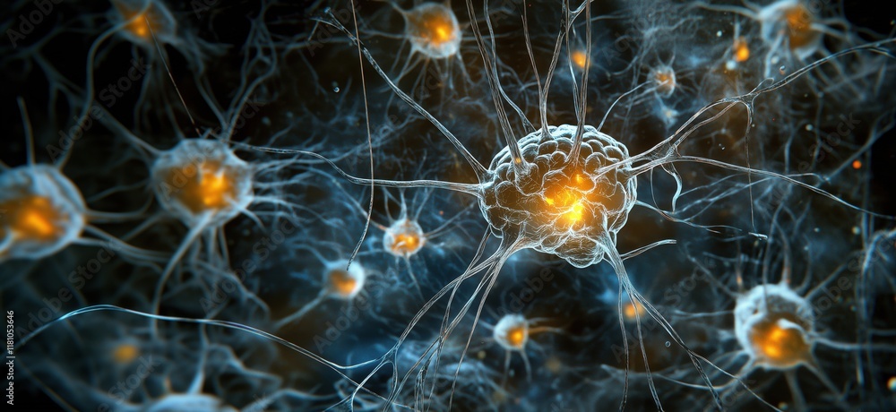 Poster neurons with glowing synapses representing neural activity and connectivity in the brain, copy space