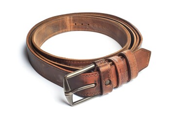 High Definition Visual of Old, Brown Leather Belt, Strap Isolated on White Background