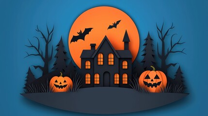 Spooky Halloween Scene with Pumpkin, Bat, and Haunted House