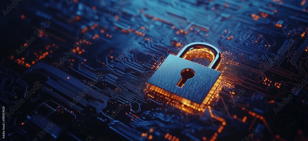 Poster digital security lock on circuit board background representing cybersecurity, data protection, and e
