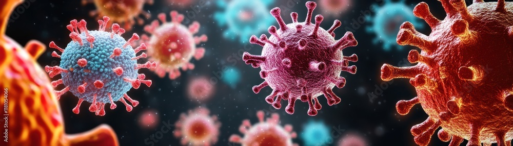 Poster intricate group of microbial viruses displaying unique shapes and colors under a high magnification 