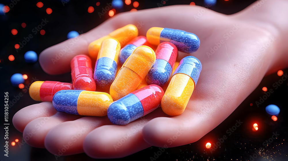 Poster 3d render of colorful capsules held in a hand with abstract background lights