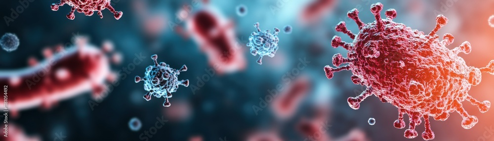 Poster intricate visual of pathogen cell surrounded by vibrant red and blue cells highlighting complex inte
