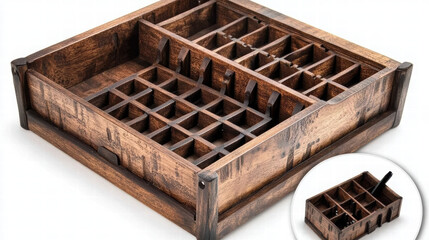 Handmade wooden desk organizer with carved compartments for storage. Ideal for office or home use, this rustic organizer adds charm and functionality to any workspace